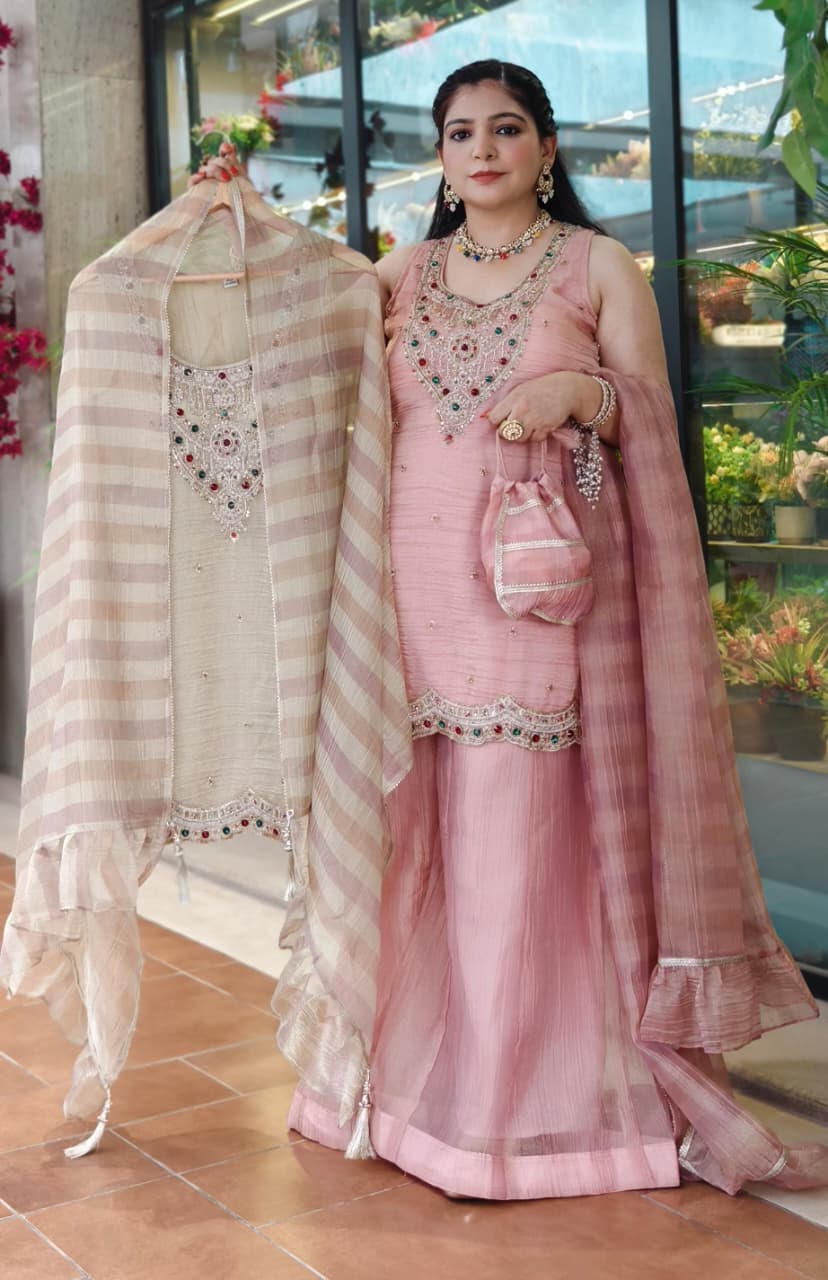 Premium Blush Pink and Pista Crush Tissue Sharara Set With Embellished Kurti, Organza Dupatta & Potli Bag ✨