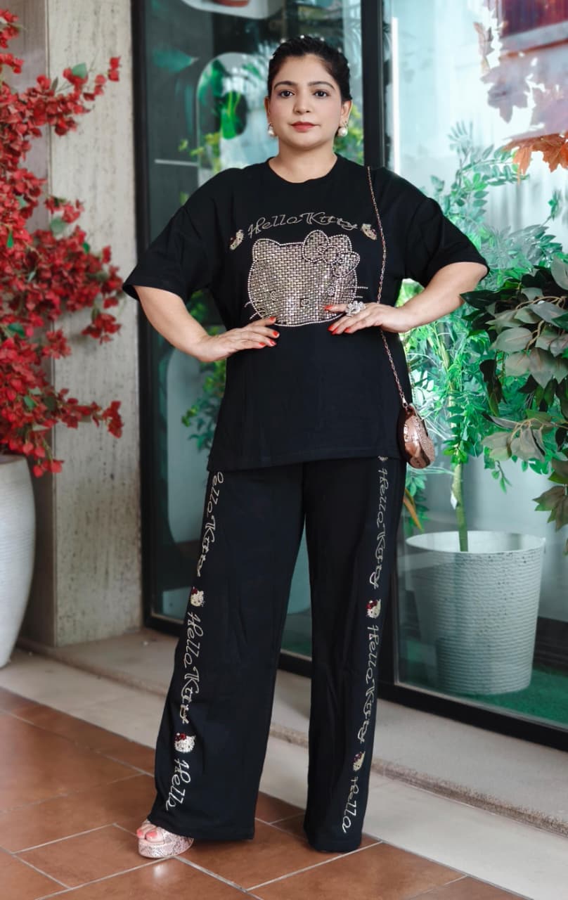 ✨ Premium Black and Brown Swarovski Hello Kitty Co-ord Set With Matching Pant ✨