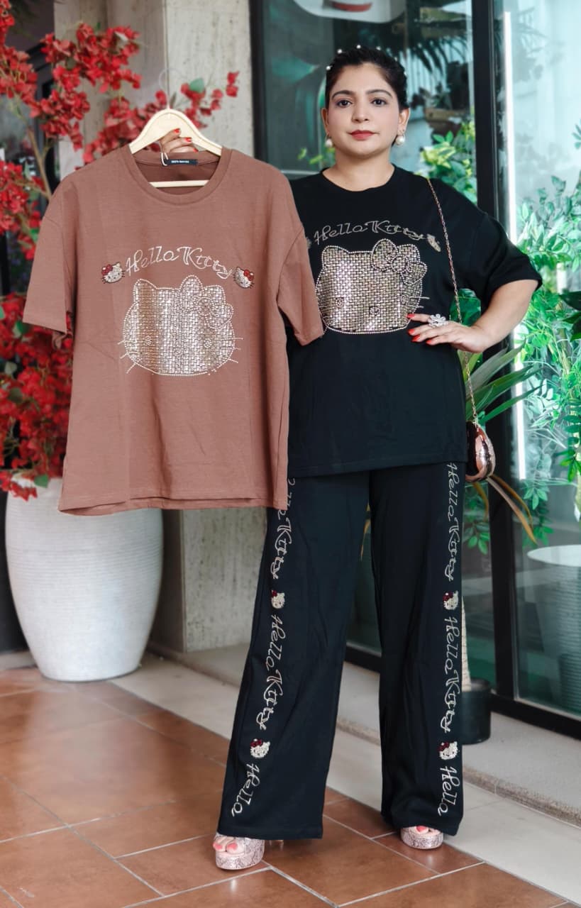 ✨ Premium Black and Brown Swarovski Hello Kitty Co-ord Set With Matching Pant ✨
