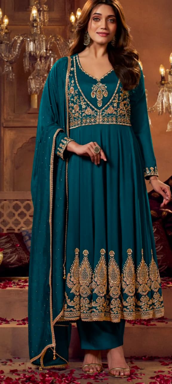 Premium Rust,Pink,Maroon and Teal Blue Dola Silk Anarkali Set With Heavy Embroidery & Matching Dupatta ✨