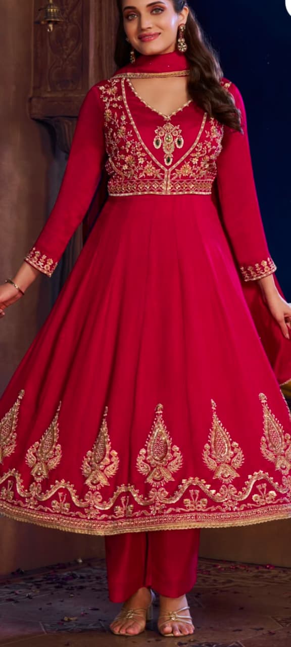 Premium Rust,Pink,Maroon and Teal Blue Dola Silk Anarkali Set With Heavy Embroidery & Matching Dupatta ✨