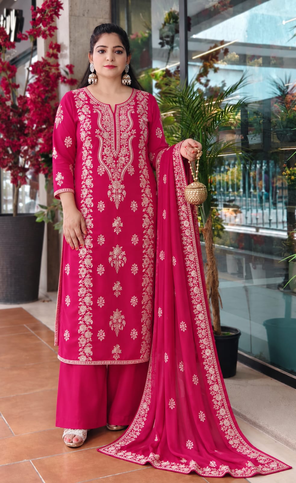 Premium Cotton Embroidered Pink and&nbsp; Wine Suit Set with Pant and Dupatta ✨