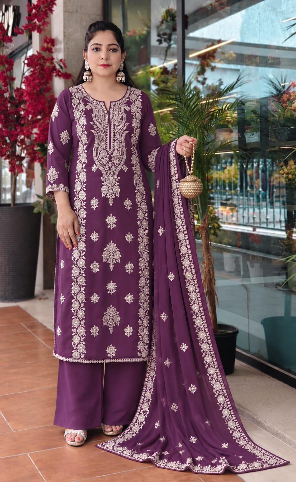 Premium Cotton Embroidered Pink and&nbsp; Wine Suit Set with Pant and Dupatta ✨