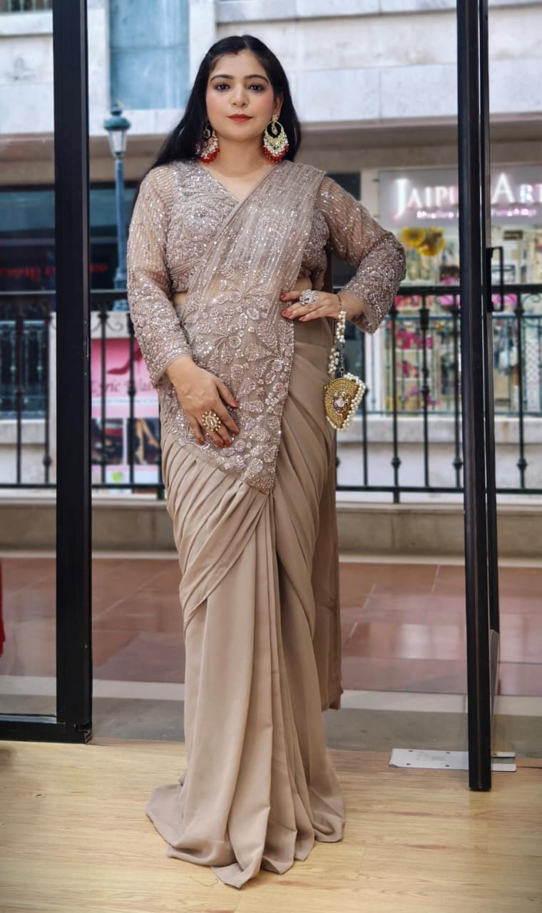 Premium Magenta & Golden Georgette Draped Saree Set with Heavy Embroidery ✨