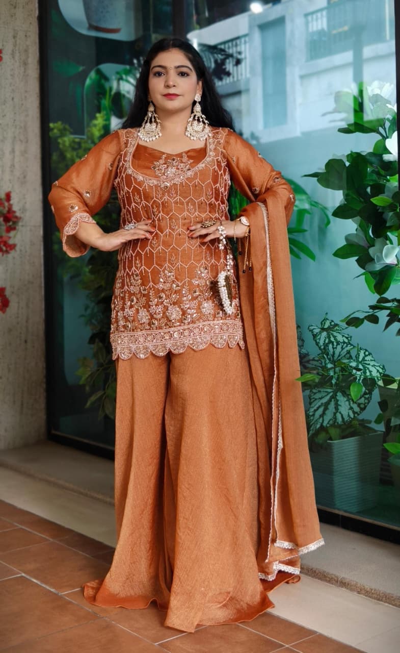 Premium Rust Orange & Chiku Shimmer Tissue 4 Piece Sharara Set With Bustier & Heavy Embroidery ✨🤎🧡