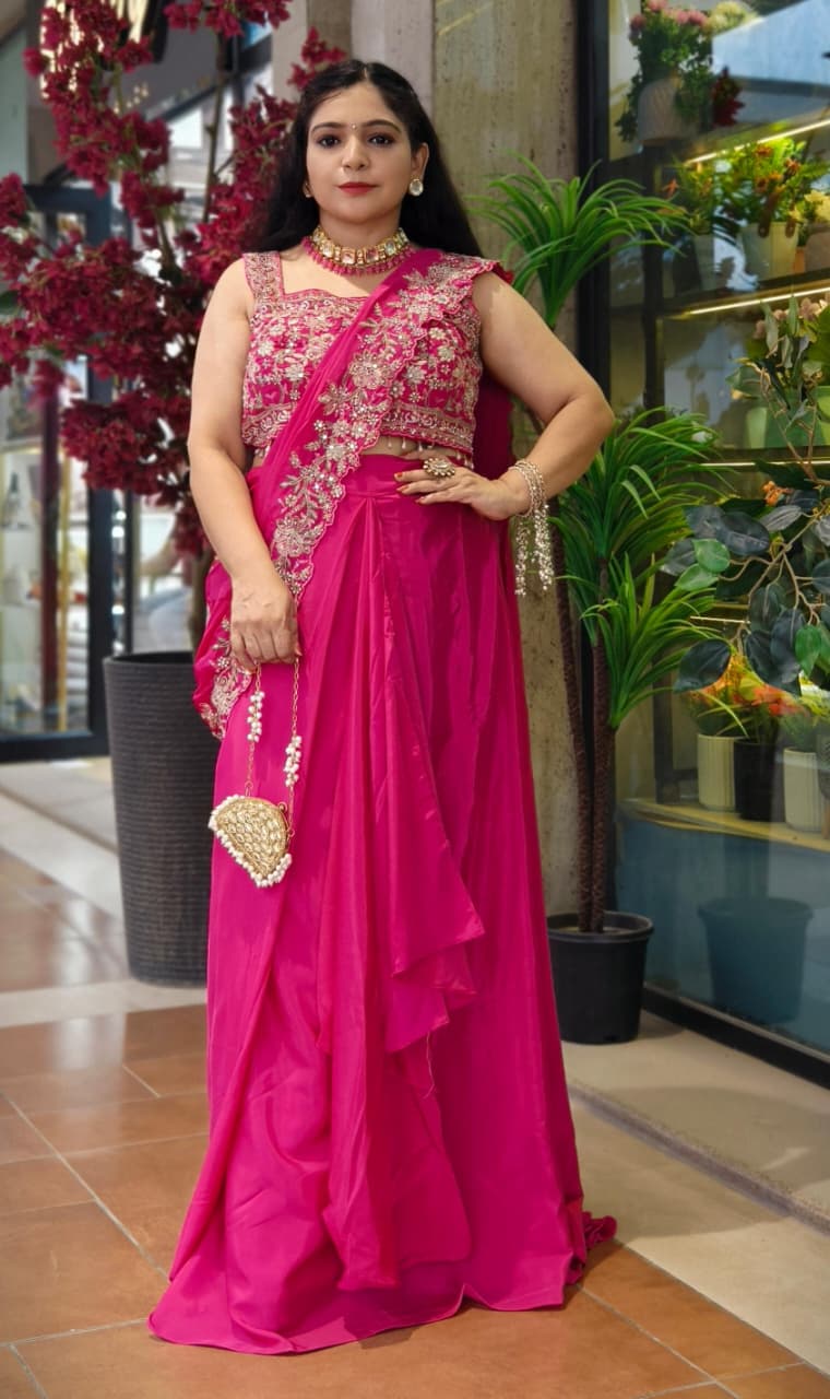 Premium Pink and Orange Pure Crepe 3-Piece Draped Saree Set with Heavy Embroidered Jacket ✨🩷🧡