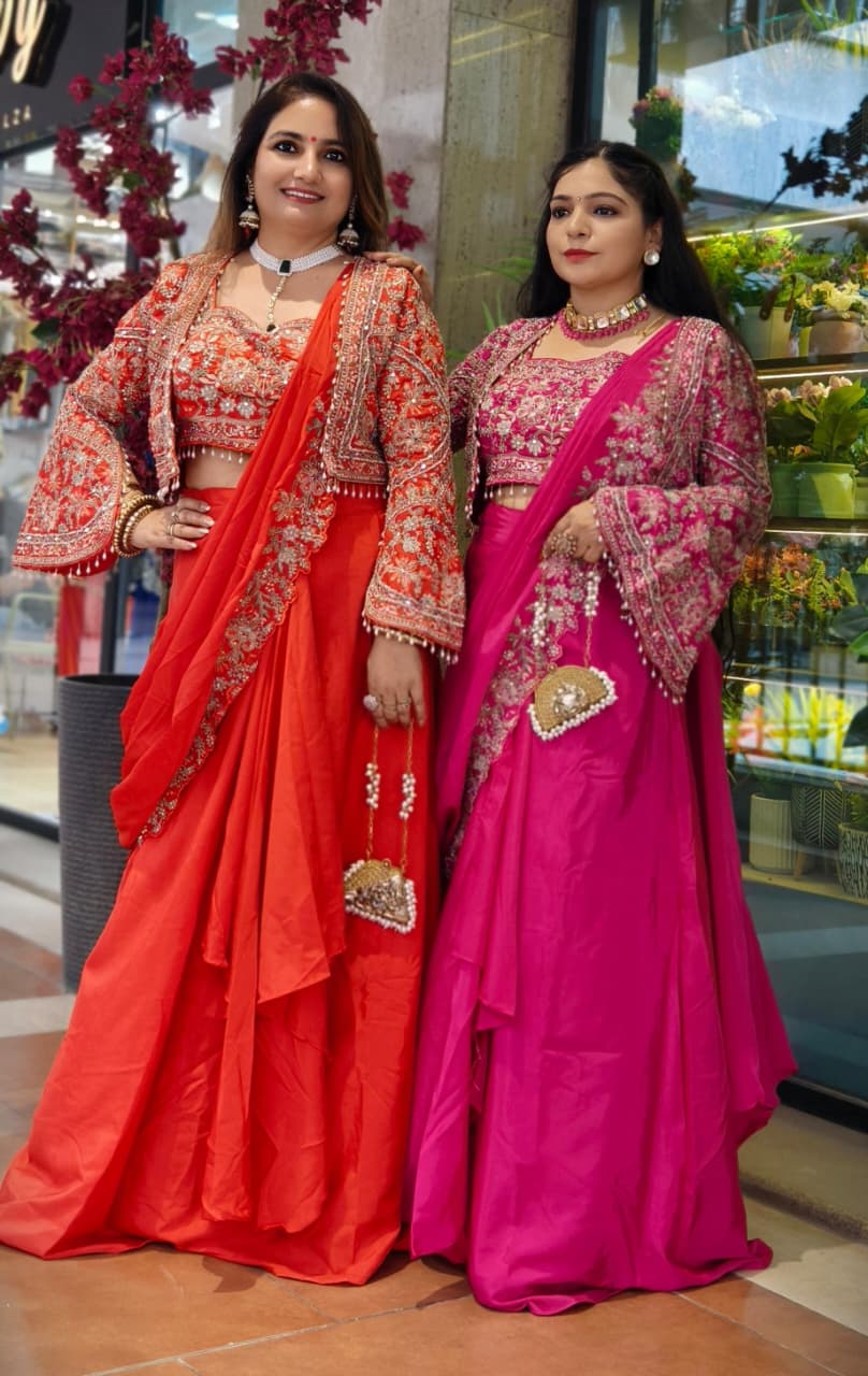 Premium Pink and Orange Pure Crepe 3-Piece Draped Saree Set with Heavy Embroidered Jacket ✨🩷🧡