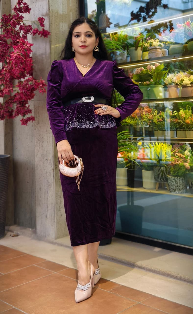 Premium Purple and Wine Velvet 2-Piece Dress Set with Designer Belt 💜🍷✨