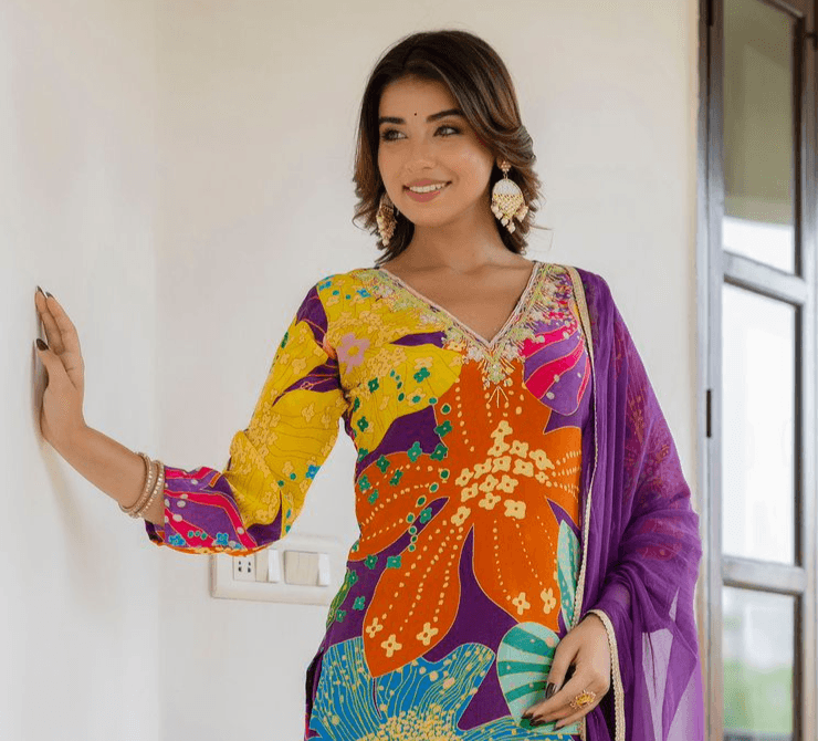 MEHANDI CREP SUIT WITH SCHIFFON DUPATTA - RajsiPoshak