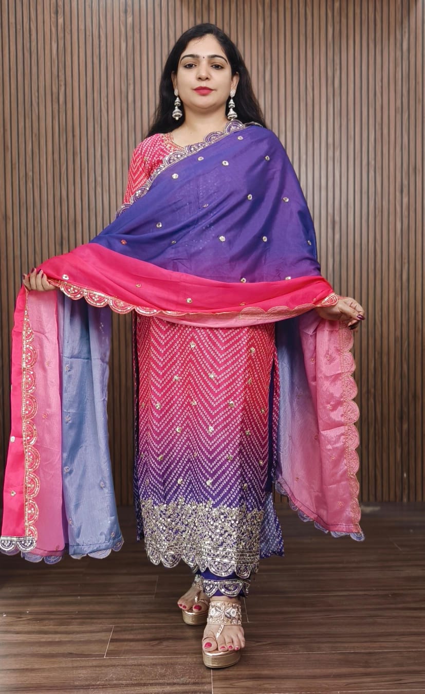 PINK AND PURPLE CHINON FABRIC PARTY WEAR SUIT