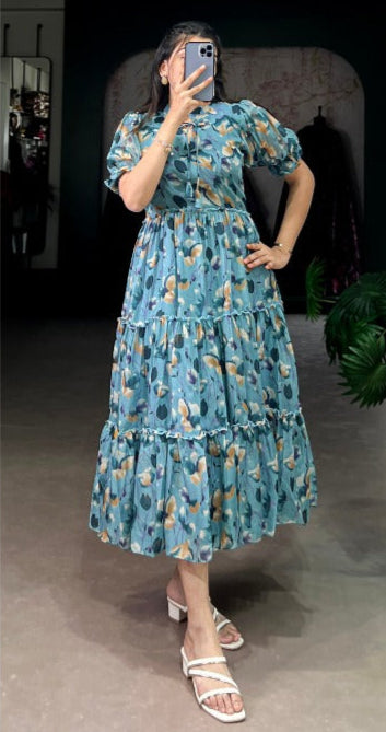 PINK,BLUE & PURPLE MULTICOLOUR CHIFFON FLAIRED DRESS