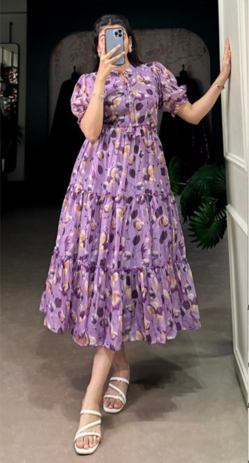 PINK,BLUE & PURPLE MULTICOLOUR CHIFFON FLAIRED DRESS