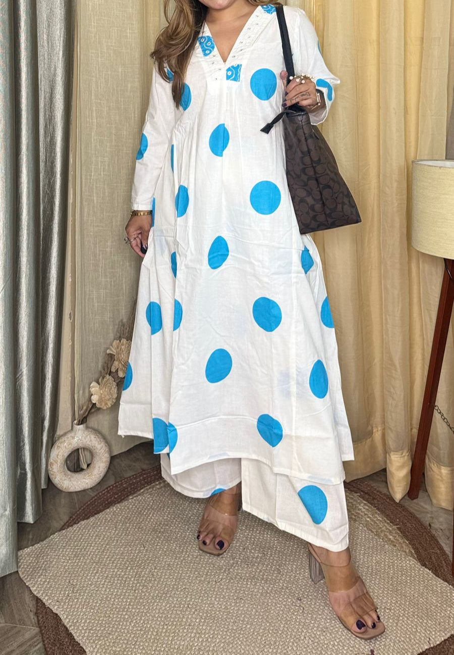 WHITE POLKA DOT 2 PC A LINE SUIT WITH PLAZO