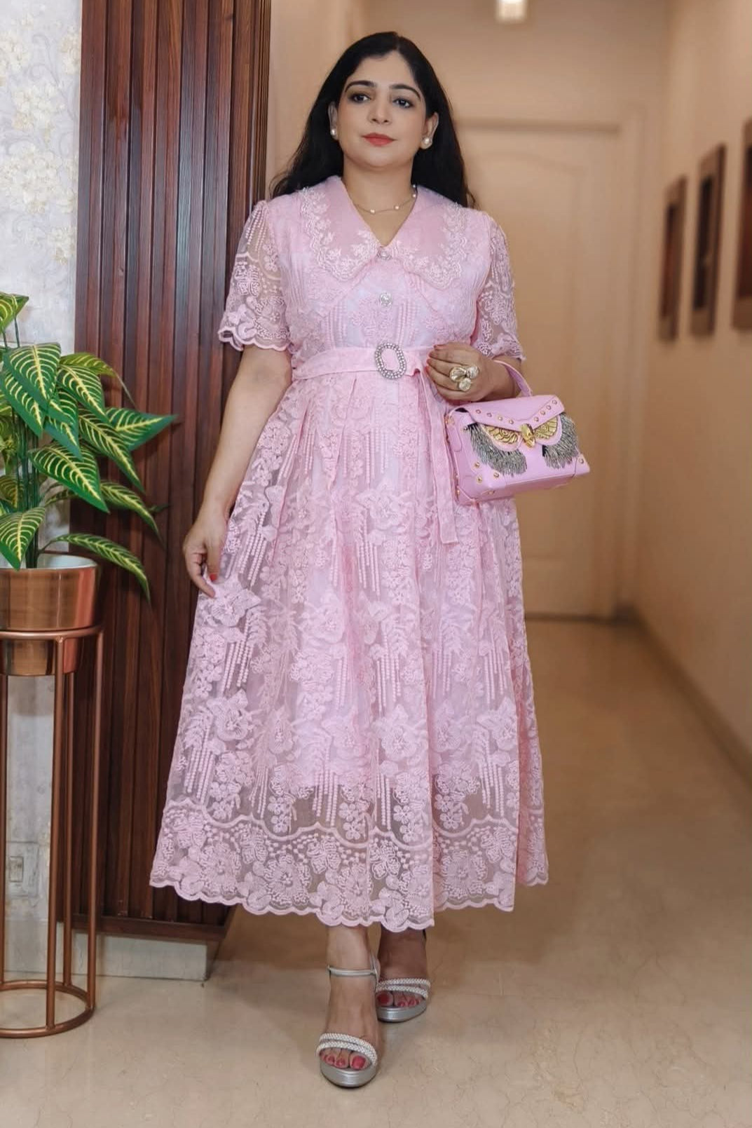 WHITE AND PINK IMPORTED FABRIC ONE PC DRESS WITH BELT