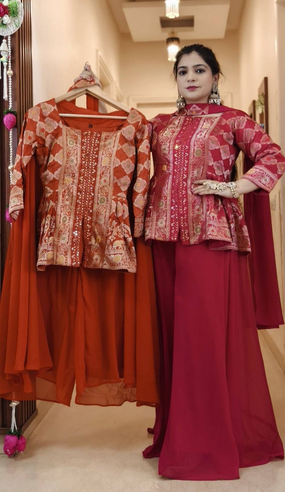 PINK,PURPLE AND ORANGE SHARARA SUIT WITH BANARSI TOP AND FULL LINING AND CHOKER DUPATTA