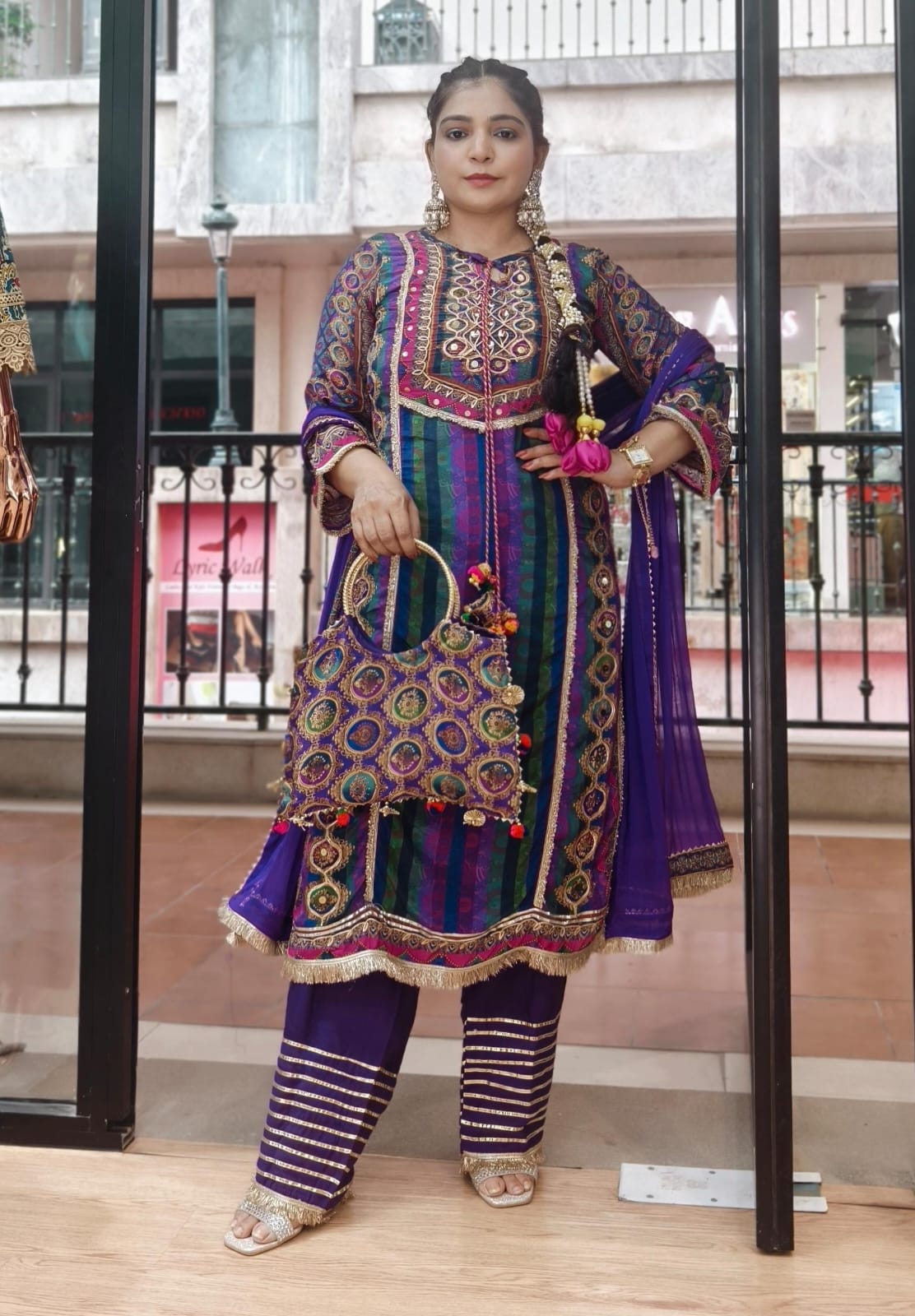 Premium Mustard Yellow and Purple Crepe Suit Set with Farshi Salwar, Dupatta & Designer Handbag and Full Lining✨